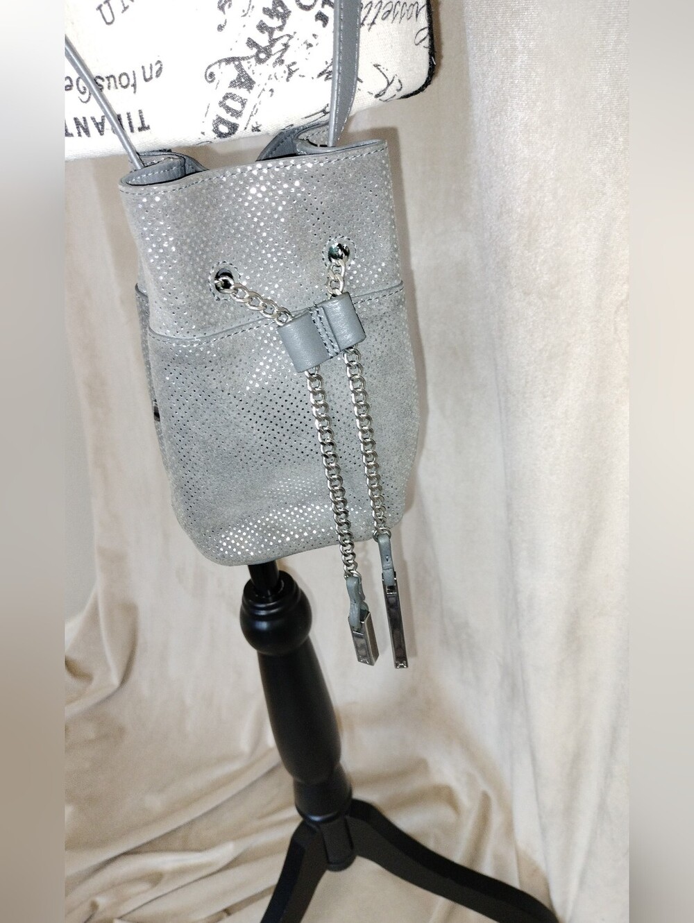 NWOT! Halston Heritage Metallic Gray Leather/Suede Crossbody Mini Bucket Bag - Picture 3 of 11